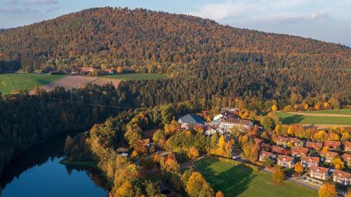 an aerial view of a house on a hill next to a lake at Hotel Wutzschleife in Rötz