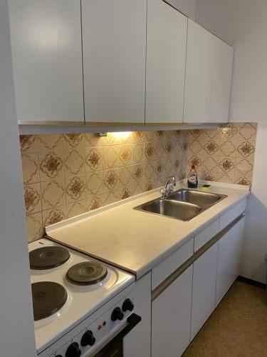 a white kitchen with a stove and a sink at Grazer Spatz in Graz