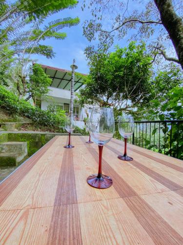 three wine glasses sitting on top of a wooden table at Berghaus Bungalow in Ella