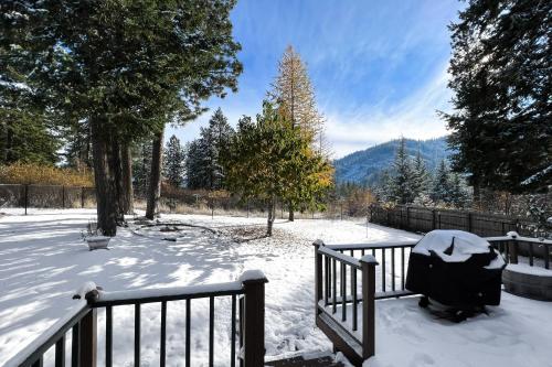 a snow covered yard with a fence and trees at Lake View Getaway in Hayden