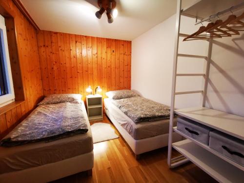 a bedroom with two beds and a ladder at Alpenview Apartments Hauser in Reisach