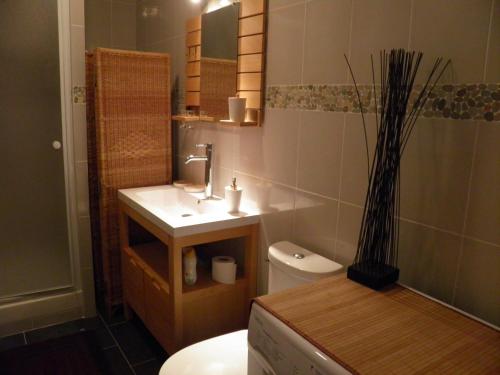 a small bathroom with a sink and a toilet at Les Gîtes du Monde , Appartements 2 chambres- 4 lits simples modulables en lits doubles in Le Havre