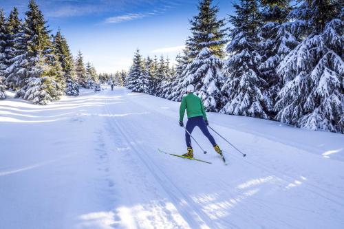a person is skiing down a snow covered slope at La Tgoma - Hotel & Restaurant in Lenz