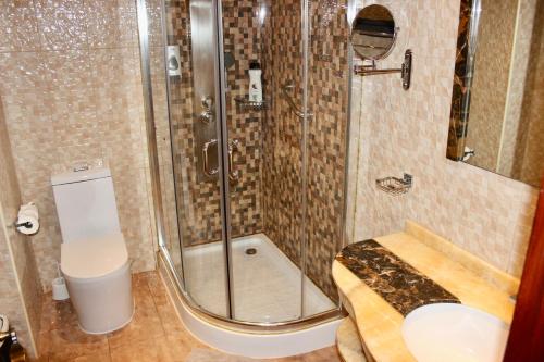 ein Bad mit einer Dusche, einem WC und einem Waschbecken in der Unterkunft Comfortable home with garden view in San Miguel de Abona