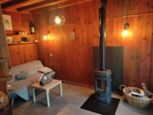 a living room with a woodburning stove in a room at Chalet accueillant et familial in Saint-Martin-Vésubie