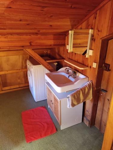 - une salle de bains avec lavabo dans une cabine dans l'établissement Chalet accueillant et familial, à Saint-Martin-Vésubie