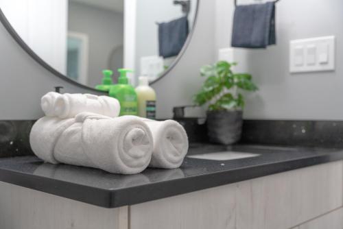 un bancone del bagno con asciugamani e specchio di You will love this 2BR Guest Suite in SE Calgary a Calgary