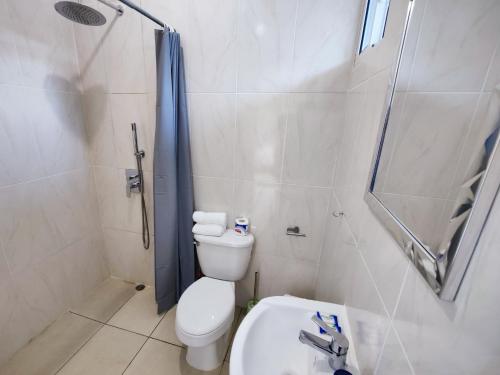 een badkamer met een toilet, een douche en een wastafel bij VIVE El VALLE Hotel in El Valle