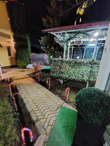 a garden at night with christmas lights in the yard at Pension Casablanca in Campina