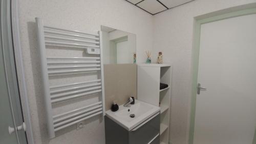 Adorable studio avec entrée indépendante في ديجون: حمام أبيض مع حوض ومرآة