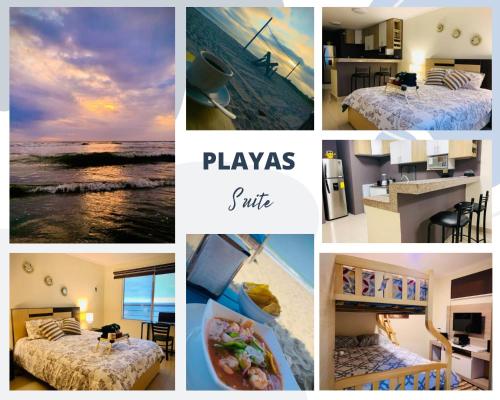 Vista al Mar في بلاياس: مجموعة من الصور لغرفة فندق وشاطئ