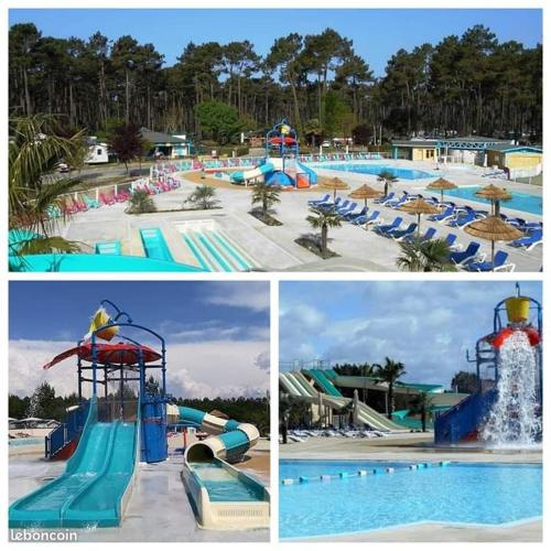 Trois photos d'une piscine avec un parc aquatique dans l'établissement MH 3 chambres, camping Les Dunes de Contis, Landes, à Saint-Julien-en-Born