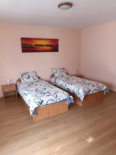 a bedroom with two beds and a painting on the wall at Guest rooms Bansko in Bansko