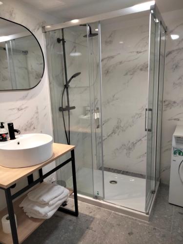 a bathroom with a sink and a shower at Apartamentos Hispano Nájera in Nájera