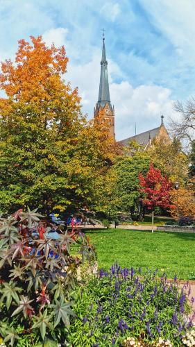 una iglesia con un campanario en un parque con flores en TEPLA, en Teplice