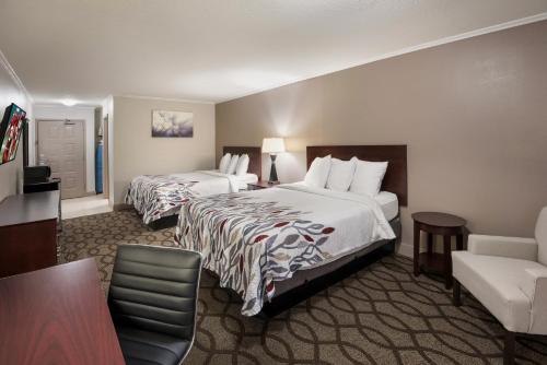 a hotel room with two beds and a chair at Red Roof Inn & Suites Lexington - Hamburg in Lexington