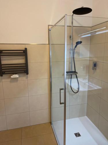 a shower with a glass door in a bathroom at Die 1A Pension in Welsau