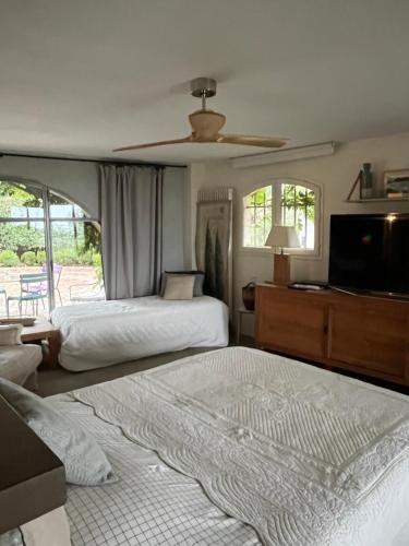 a bedroom with two beds and a ceiling fan at Le clos sainte Marie in Roquefort-les-Pins