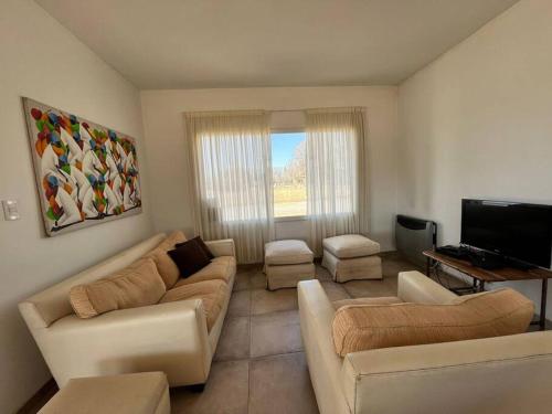 sala de estar con 2 sofás y TV de pantalla plana en Pergolas Guest House - Pileta, Vinos y Montaña en Vista Flores