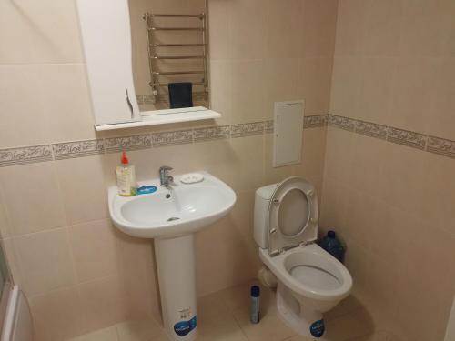 a bathroom with a sink and a toilet at Аквапарк Квартиры на Подоле in Poltava