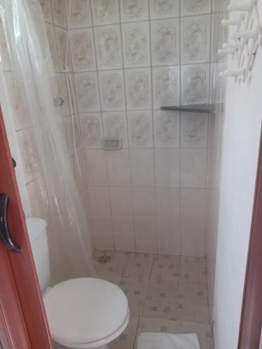 a small bathroom with a toilet and a shower at Apartamentos Roncalli Monte Verde in Monte Verde
