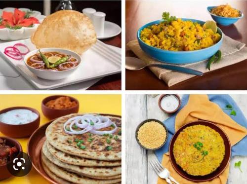 un collage de fotos de diferentes tipos de alimentos en Pine Tower Inn, en Manali