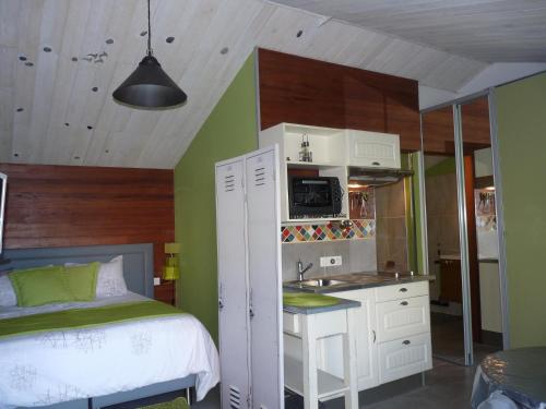 1 dormitorio con 1 cama y cocina con fregadero en l'allerie studio en Les Sables-dʼOlonne