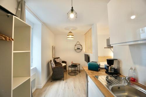 une cuisine avec un évier et un plan de travail dans l'établissement L'abris côtier, à Concarneau