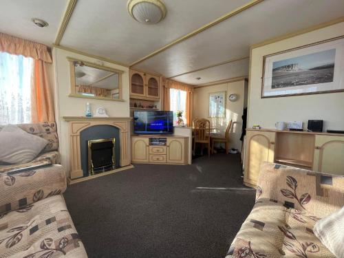 a living room with a fireplace and a tv at Dunlin Dell at Thornwick Bay, Haven site in Flamborough
