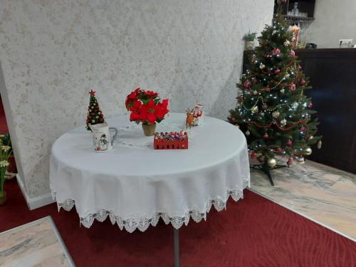 a white table with a christmas tree and presents on it at Teju Hotels in Slănic