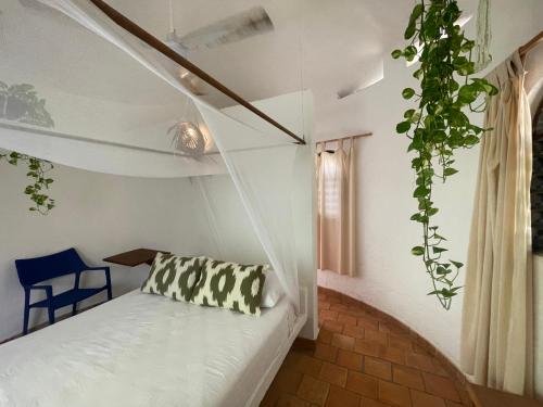 Habitación con cama con planta en la pared en Quinta Feliz Troncones, en Troncones