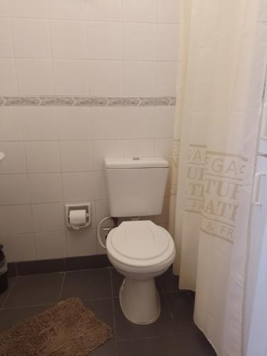 y baño con aseo blanco en una cabina. en Monoambiente en Puerto Nuevo en Concepción del Uruguay