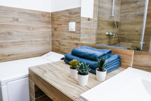 y baño con toallas azules sobre una mesa de madera. en Mazurski Apartament, en Szczytno