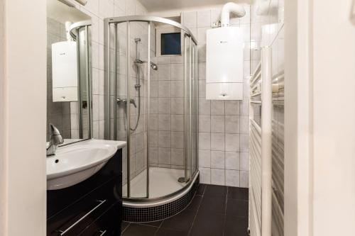 y baño con ducha y lavamanos. en Cosy apartment in great Location, en Viena
