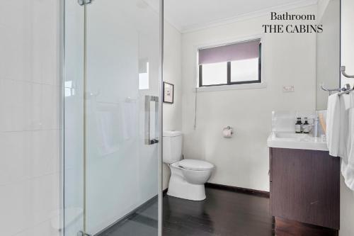 a bathroom with a shower and a toilet and a sink at Hamptons on the Bay in Swansea
