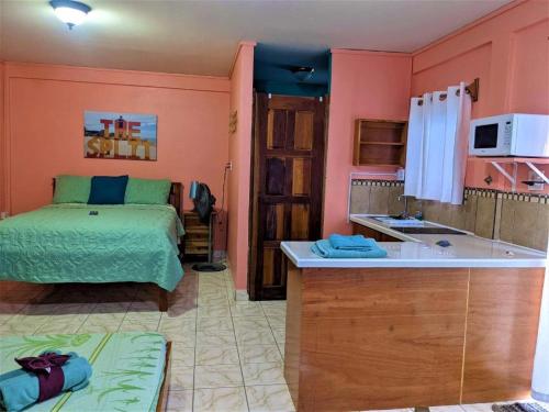 a bedroom with a bed and a kitchen with a sink at Beach Side Condos Caye Caulker by CCVH in Caye Caulker