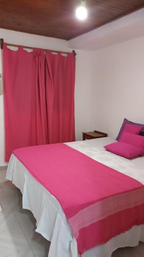 a bedroom with a large bed with pink sheets at Alojamiento Familiar Nobili in Puerto Iguazú