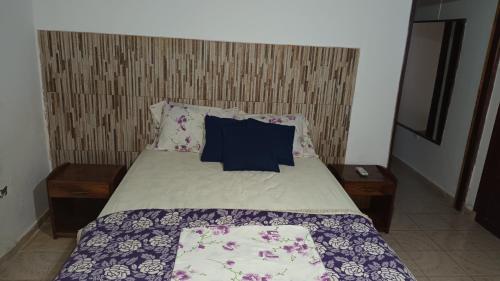 a bedroom with a bed with pillows and sidx sidx sidx at Alojamiento Familiar Nobili in Puerto Iguazú