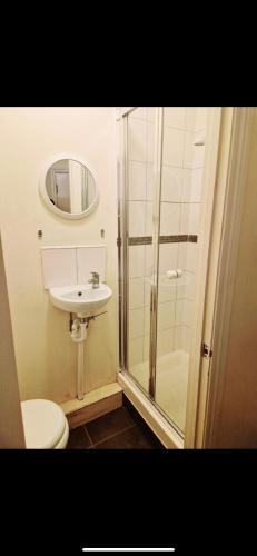 a bathroom with a shower and a toilet and a sink at Ensuite Private room Furzehill road in Plymouth