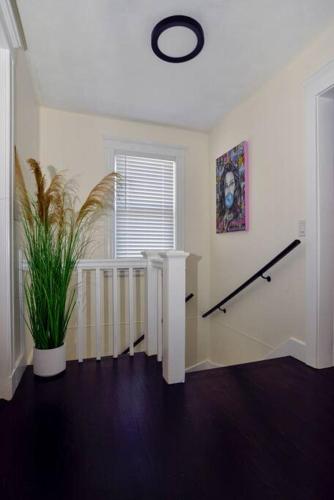 a white room with a staircase and a potted plant at Modern Three Bedroom Condo - Boston in Stoneham