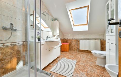 uma casa de banho com um chuveiro, um lavatório e um WC. em Gorgeous Home In Gornje Psarjevo With Kitchen 