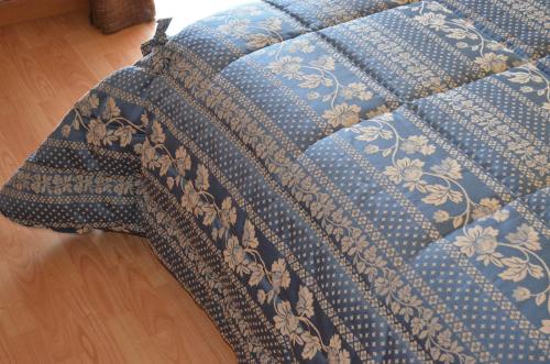 a close up of a blue bedspread with flowers on it at Casa Elisa in Pietramurata