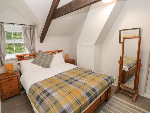 a bedroom with a bed and a mirror at Bwthyn Y Jacdo in Whitechurch