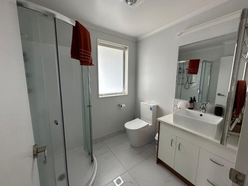 uma casa de banho com um chuveiro, um WC e um lavatório. em Cosy Self Contained 2 Bedroom Townhouse em Hamilton