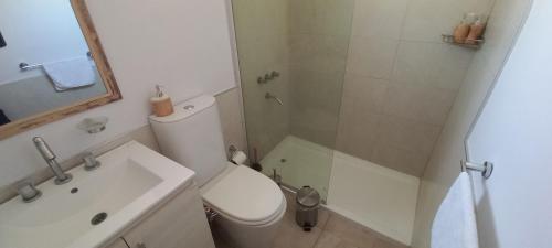 a bathroom with a toilet and a shower and a sink at Casa Litoral in Gualeguaychú
