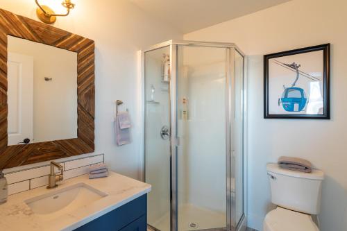y baño con aseo, lavabo y ducha. en Fully Renovated Ski-in/out Loft with Private Hot Tub! en Golden