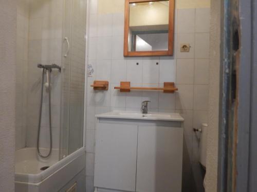 ein Bad mit einem Waschbecken, einer Dusche und einem Spiegel in der Unterkunft IBIS in Saint Pierre La Mer