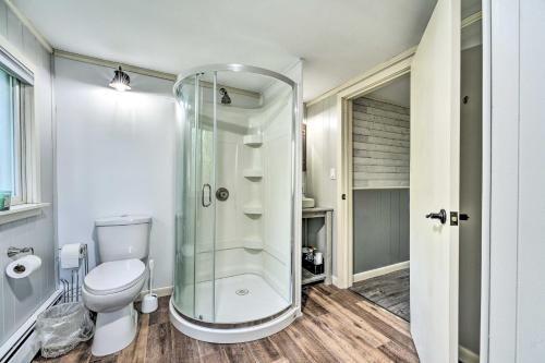 Un baño con inodoro y ducha de cristal. en Waterfront Lake Huron Getaway Private Beach!, en Forestville