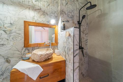La salle de bains est pourvue d'un lavabo et d'une douche avec un miroir. dans l'établissement Ocean Nest T4 Rénové Vue Mer Splendide La Saline Les Bains, à La Saline les Bains
