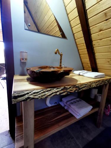 a bathroom with a wooden sink on a counter at Casuta dintre nuci in Blăjeni